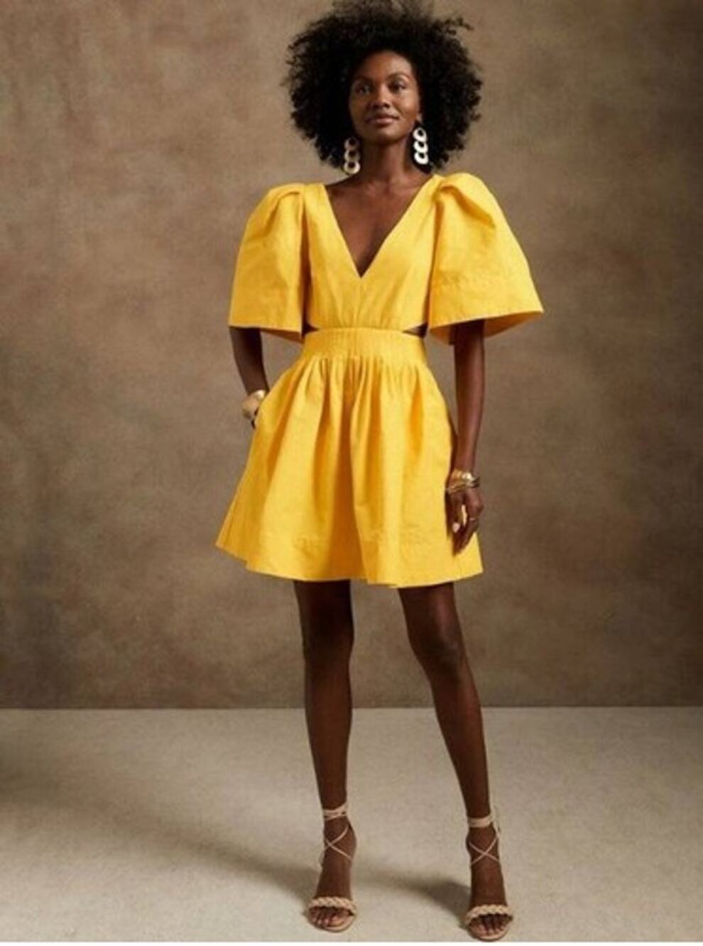 Banana Republic Puff Sleeve Open-Back Fit & Flare Mini Dress Yellow Womens 4P